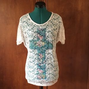 Vocal Lace Jeweled Cross Cold Shoulder Top